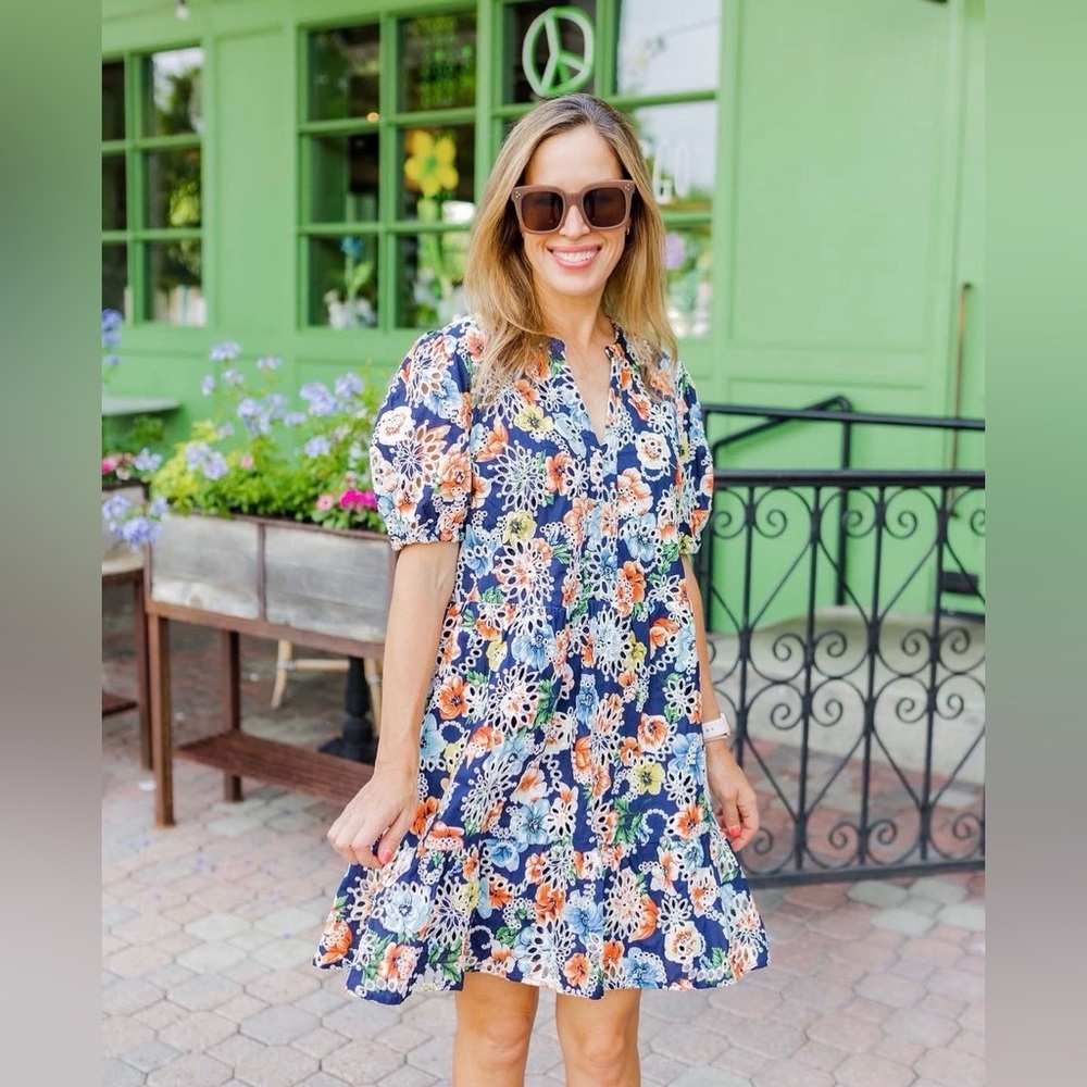 Navy Floral Short-Sleeve Mini Dress